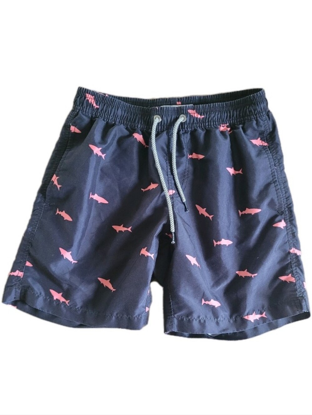 Maamgic Swim Trunks Men's Small Navy Pink Shark Print Lined Beach Shorts *Flaws
